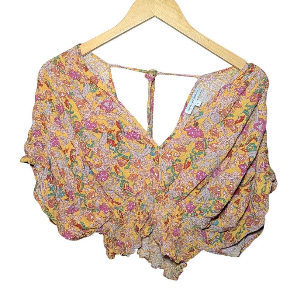 Yellow and Pink Floral Flowy Open Boho Summer Festival Crop Top Women Size S